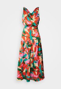 Robe midi sans manches avec col en V et jupe froncée, présentant un motif floral abstrait rouge, vert, rose et beige.