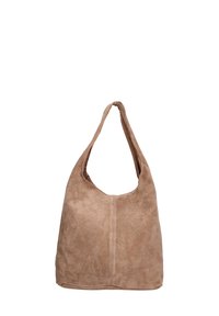 Borsa hobo in suede marrone chiaro. Presenta un'ampia apertura arcuata e un manico singolo. Texture morbida con dettagli di cucitura minimi.