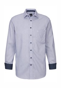 Camicia blu chiaro con bottoni, a righe verticali, maniche lunghe e taschino sul petto. I polsini presentano un motivo a pois di colore blu scuro.