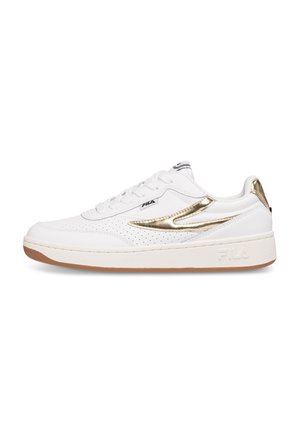 Sneakers bianchi con parte superiore in pelle liscia, dettagli dorati, forature e suola in gomma naturale. Presentano un marchio nero sulla linguetta.