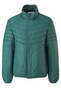 Giacca puffer teal con alto colletto, design a trapunta verticale, chiusura con zip frontale e due tasche laterali. Realizzata in materiale resistente all'acqua.
