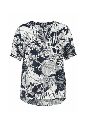 Kurzärmelige schwarz-weiß gemusterte Bluse mit floralem Muster, geteiltem V-Ausschnitt und lockerer Passform.