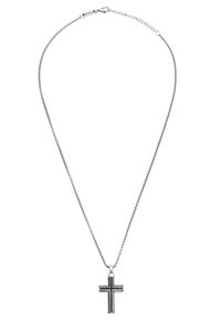 Sølv kæde med et kors vedhæng. Korset har en tekstureret overflade med et minimalistisk design og en poleret finish.