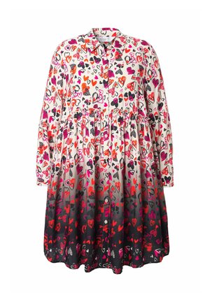 Knopenjurk met een witte basis en kleurrijke hart- en penseelstreken patronen, lange mouwen en een geraffineerde taille met een zwart gradient zoom.
