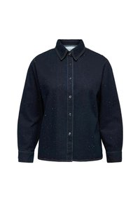 Dark blue denim jacket with long sleeves, button front, pointed collar, and small scattered silver studs throughout fabric.