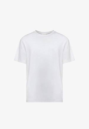 T-shirt blanc à manches courtes avec un col rond, fabriqué en coton lisse, présentant une coupe décontractée sans motifs ni accents visibles.