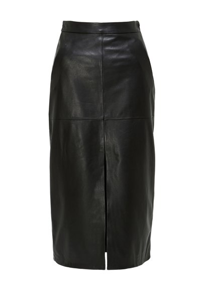 Gonna a matita nera in pelle con vita alta, caratterizzata da uno spacco centrale e una texture liscia, progettata per una silhouette aderente.