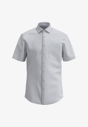 Kurzärmliges Hemd mit Knopfverschluss in Hellgrau mit einem dezenten Punktemuster, ausgestattet mit einer Brusttasche und einem klassischen Kragen.