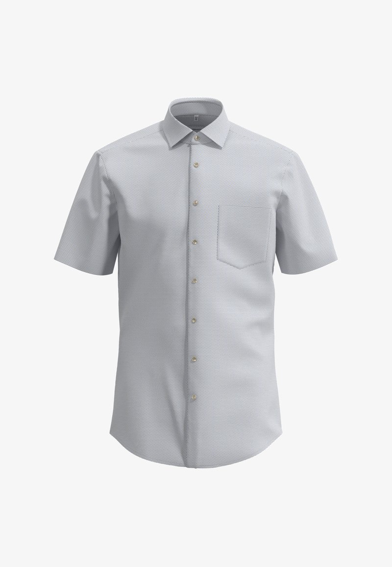 Koszula z krótkim rękawem w jasnoszarym kolorze z delikatnym wzorem kropek, z kieszonką na piersi i standardowym kołnierzykiem.