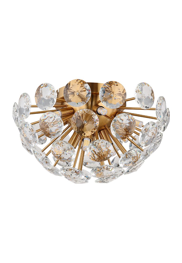 Kristalltaklampa med en bas i guldmetall, med cirkulära kristallaccenter som strålar utåt på tunna stänger, vilket skapar en intrikat design.