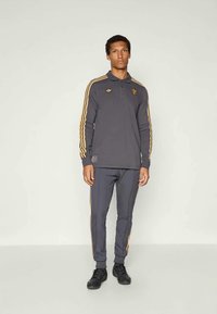 Sivý teplákový súprava so žltými pruhmi, obsahujúca top s golierom a dlhými rukávmi a zúžené nohavice, vyrobená z hladkej tkaniny s detailom loga.