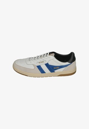White and beige sneaker with blue suede stripes and gum sole, black heel collar, and Gola branding on side and tongue.