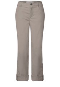 Beige Baumwollmischungshosen mit geradem Bein, zwei Fronttaschen, einem Knopfverschluss und umgeschlagenen Säumen für anpassbare Länge.