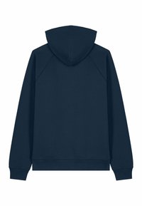 Hoodie bleu marine avec un capuchon à cordon de serrage, des manches raglan et des poignets côtelés. Texture de tissu lisse avec un design simple et uni.