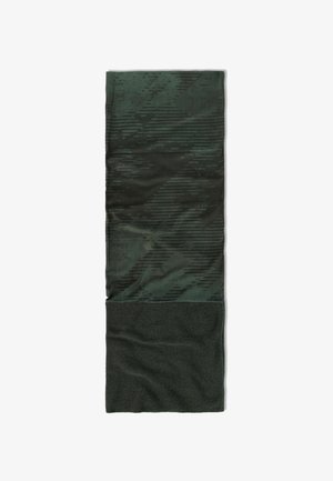 Gaiter de cuello multifuncional verde que presenta una mitad superior con patrones y una mitad inferior texturizada y sólida, fabricado con un material suave y transpirable.