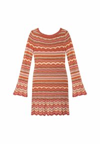 Robe en tricot avec de longues manches en forme de cloche, présentant des rayures ondulées dans des tons rouille, rose, crème et marron. Détail à ourlet festonné en bas.