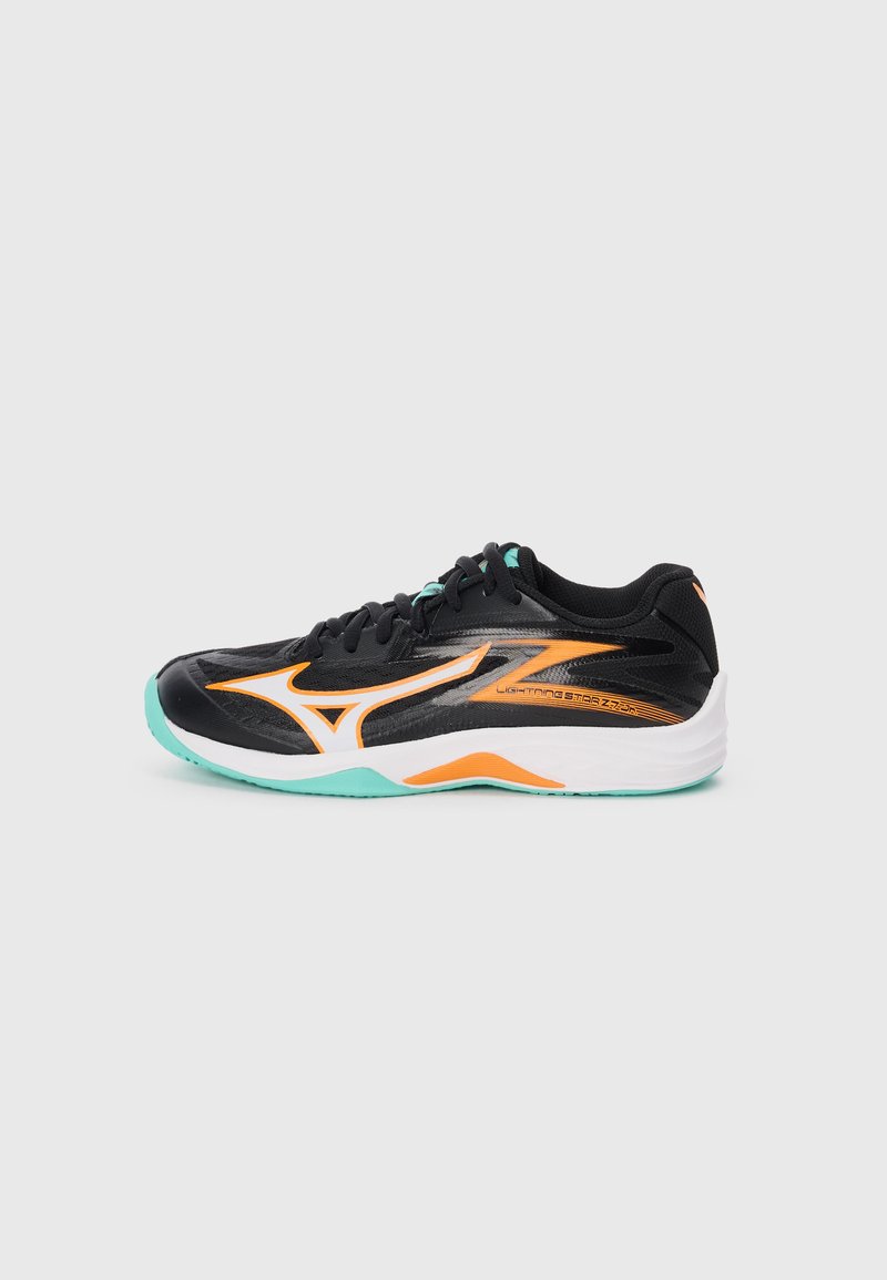Black athletic shoe with orange and teal accents, featuring a sleek design, mesh and synthetic materials, and a cushioned white sole.