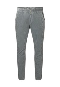 Grijze, slim-fit broek van textuurstof, met een knoopsluiting, voorzakken en een tailleband met het label "TIMEZONE."