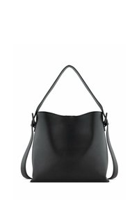 Borsa a spalla in pelle nera con una superficie liscia, bordo superiore curva e una sola tracolla regolabile. Design minimalista senza hardware visibile.