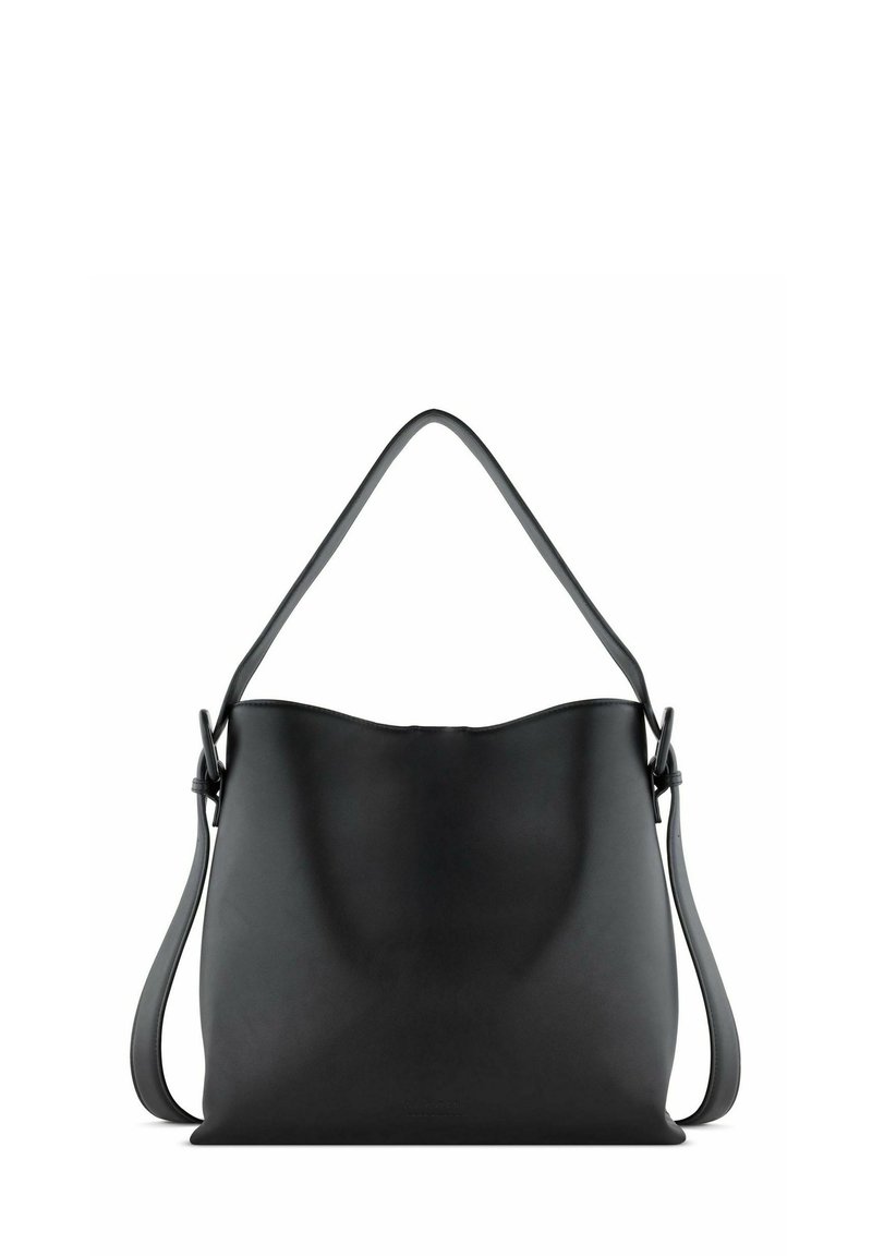 Borsa a spalla in pelle nera con una superficie liscia, bordo superiore curva e una sola tracolla regolabile. Design minimalista senza hardware visibile.