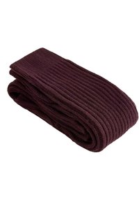Eșarfă tricotată cu rimă în violet închis. Textură moale cu un design pliat, evidențiind linii verticale intricate pe întreaga sa lungime.