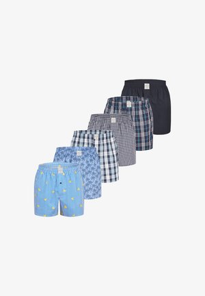 Boxershortset met verschillende patronen: strepen in blauw en geel, palmbladeren, en geruit ontwerp in blauw en marineblauw. Elastische tailleband, katoen stof.
