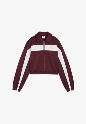 Giacca cropped marrone scuro con strisce bianche e zip dorata. Presenta un colletto classico e polsini elasticizzati, realizzata in un tessuto liscio.