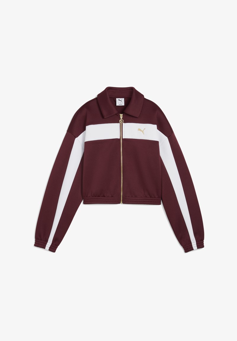Maroon kurze Jacke mit weißen Streifen und goldenen Reißverschluss. Mit einem klassischen Kragen und elastischen Bündchen, aus einem glatten Stoff gefertigt.