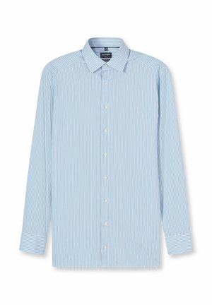 Light blue striped long-sleeve shirt with a button-down collar. Features vertical white and light blue stripes and white buttons.