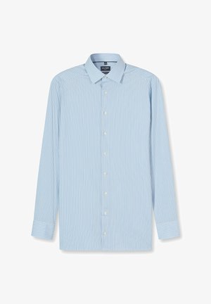 Light blue striped long-sleeve shirt with a button-down collar. Features vertical white and light blue stripes and white buttons.
