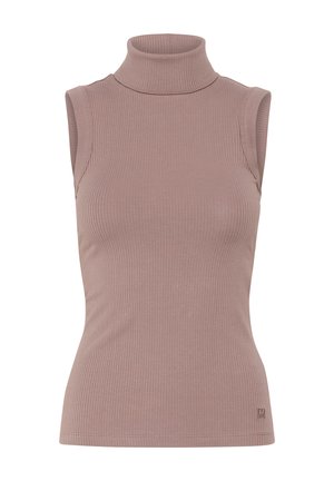 Top brez rokavov v mehki mauve rebrasti tkanini. Prilegajoča silhueta z visokim ovratnikom. Majhna logotipna obroba blizu roba.