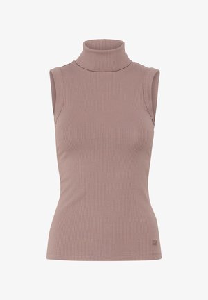 Bez piedurknēm, augsto kaklu topiņš maiga mauve ribota auduma. Pieguļoša siluets ar augstu apkakli. Mazs logotipa akcenti tuvu apakšmalai.