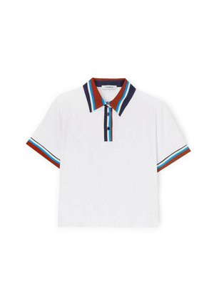 Korte mouwen polo shirt van witte katoen met een rood, marineblauw en blauwe gestreepte kraag. Voorzien van een drie knopen sluiting en gestreepte mouwen.