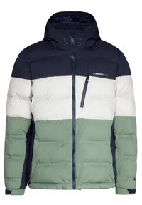 Padded jacket with a navy, white, and green color block design. Features a zip front, adjustable hood, and two side pockets for storage.