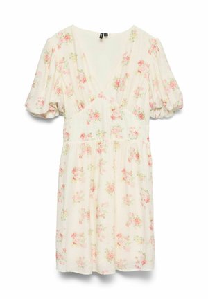 Robe courte blanche avec imprimé floral rose et vert, décolleté en V profond et manches courtes bouffantes.