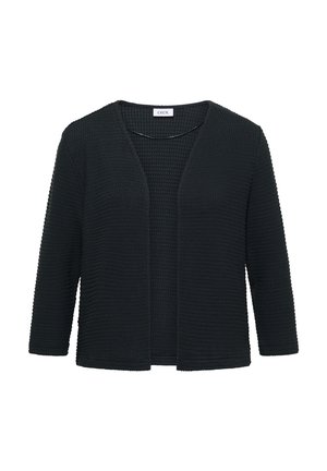 Sort struktureret åben cardigan med lange ærmer og rund halsudskæring, mærket "Cecil" ved kraven.