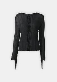 Svart långärmad topp med ribbad struktur, rundad halsringning och dekorativa band fram. Har fransade kanter för extra detalj.