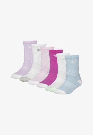 Set di calzini di cotone colorati in viola, rosa, bianco e blu. Texture a coste con punta e tallone a contrasto, con un logo su ogni calzino.