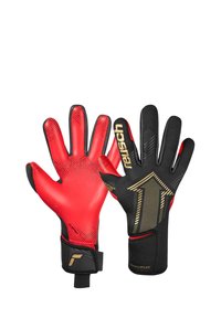 Rote und schwarze Torwarthandschuhe mit strukturiertem Grip, goldenen Akzenten und einem Design mit einem aufwärts gerichteten Pfeilmuster. Inklusive verstellbarem Handgelenksverschluss.