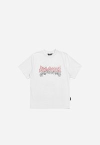 White cotton t-shirt featuring a graphic design with red and black flame-like patterns across the chest. Short sleeves and round neckline.
