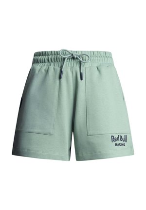 Svetlozelené športové šortky s elastickým pásom, nastaviteľným sťahovaním, dvoma prednými vreckami a logom „Red Bull Racing“ v tmavomodrej farbe.