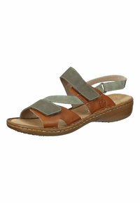 Leather sandals with a light gray and tan colorway, featuring cross straps and an open toe design, on a molded beige sole.