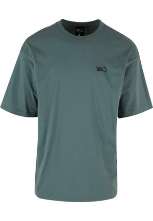 Short-sleeve t-shirt in muted teal color, made of soft fabric. Features a small black logo on the left chest. Classic crew neck design.