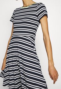 Robe rayée aux couleurs bleu marine et blanc, corsage ajusté, jupe évasée, manches courtes et encolure contrastante verte.