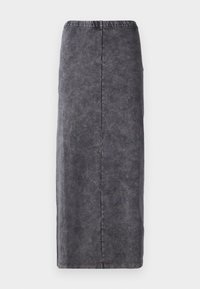 Fustă gri, până la genunchi, realizată dintr-un material texturat, cu croială dreaptă și talie elastică. Fără embellishments sau modele suplimentare.