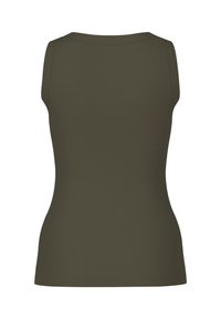 Dark olive green sleeveless top, ribbed texture, round neckline, form-fitting design, seamless construction, no visible fastenings or embellishments.