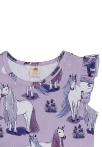 Lila Baumwoll-Ärmelloses Oberteil mit einem Einhorn-Print, Rüschendetails an den Schultern und rundem Ausschnitt. Weicher Stoff und lebendige Farben.