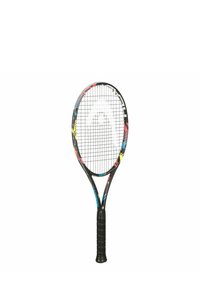 Raqueta de tenis con un marco negro, patrones de acento coloridos y una cara encordada. El mango es texturizado para un mejor agarre, diseñado para el rendimiento.