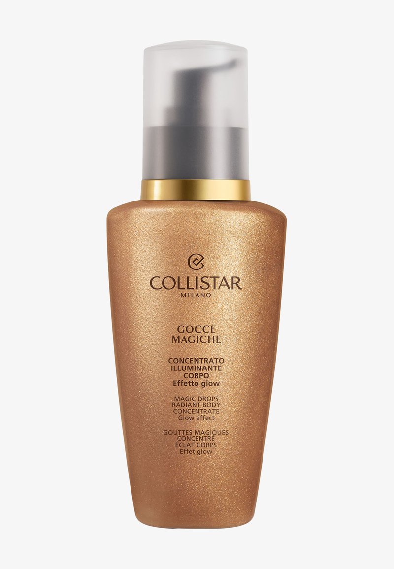 Flacon pompe couleur or de Collistar Magic Drops Radiant Body Concentrate avec effet lumineux, bouchon transparent et accents noirs et dorés.