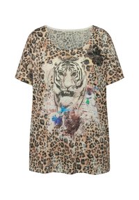 Camiseta de leopardo con mangas cortas, que presenta un gráfico central de tigre en varios colores y un tejido suave y texturizado.